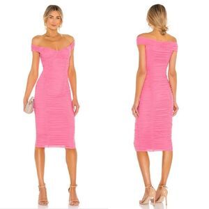 REVOLVE MAJORELLE Tabitha Bustier Midi Dress Mesh Bubblegum Pink Ruched Like New